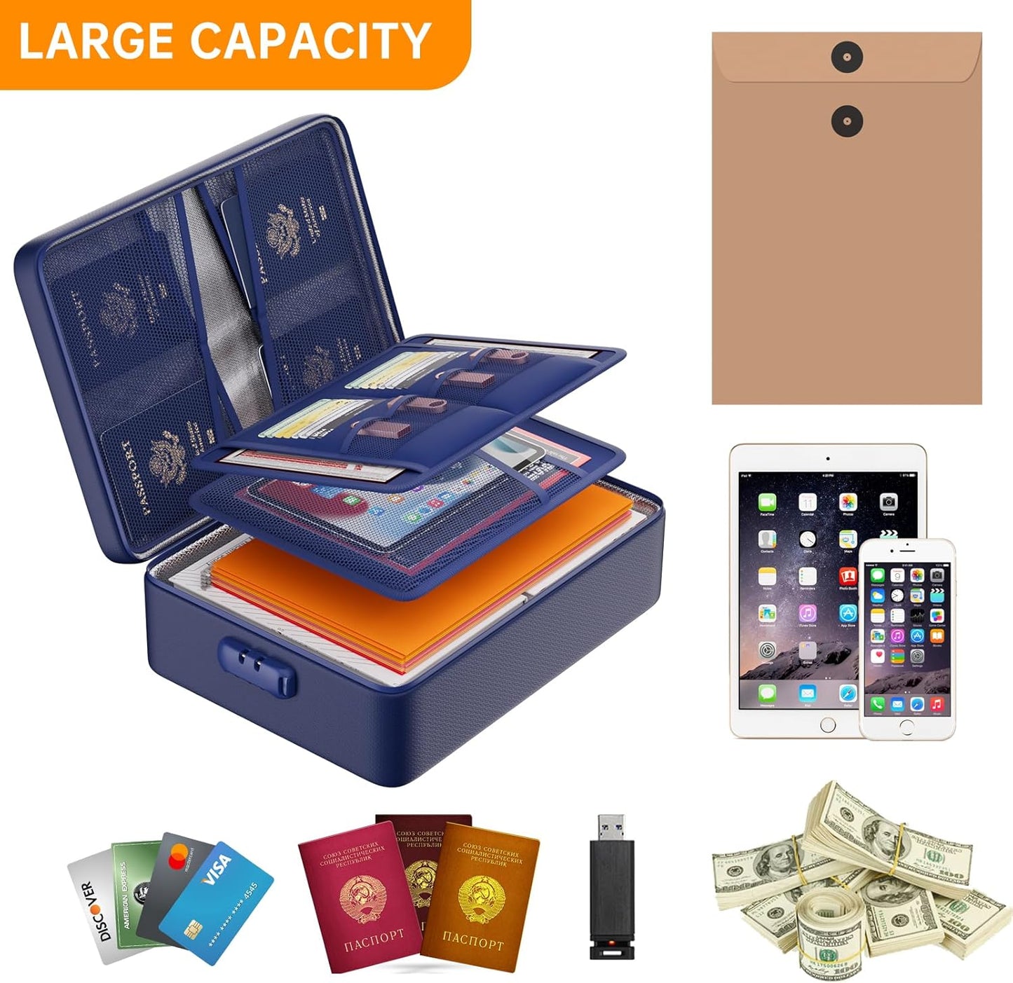 DocSafe 5200°F Document Organizer with Lock, Upgraded Heat Insulated Fireproof＆Water-Resistant Box 8 Layers File Organizer, Portable Home Travel Safe Storage for Important Documents and More