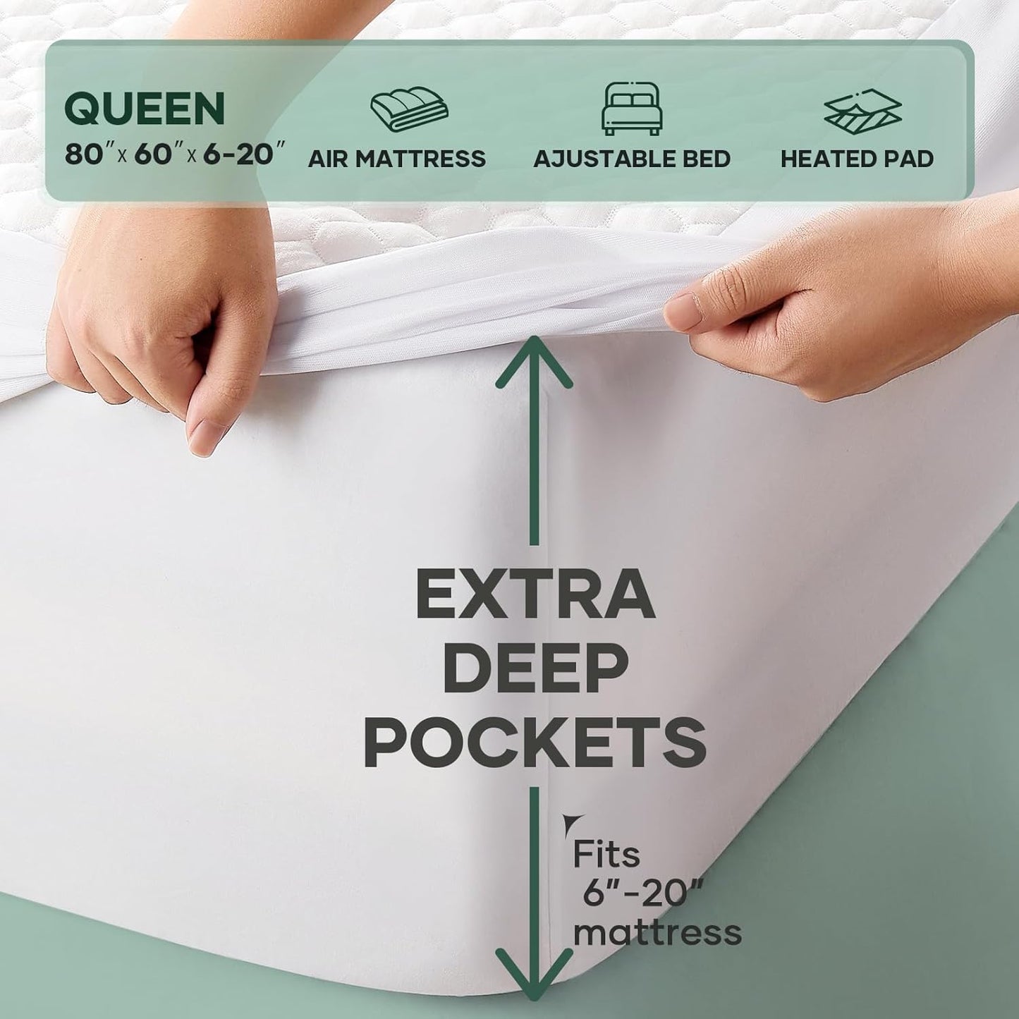 OhGeni 100% Waterproof Queen Size Mattress Protector,Soft Mattress Pad, Cooling Breathable Fitted Sheets,Washable Bed Cover,Non-Slip Deep Pocket,Noiseless for Bedroom
