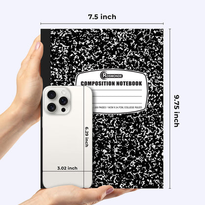 Rosmonde 50 Pack Bulk Composition Notebooks, College Ruled Notebook, 200 Pages (100 Sheets), 9-3/4 x 7-1/2", Hard Cover, Black Marble Composition Journal Book, Bulk Notebooks for School & College