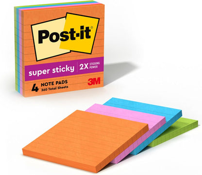 Post-it Super Sticky Notes, 4 Lined Sticky Note Pads, 4 x 4 in., School Supplies, Office Products, Sticky Notes for Vertical Surfaces, Monitors, Walls and Windows, Simply Serene Collection