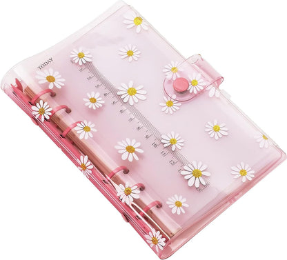 A6 A5 6-Holes Colorful PVC Cover Round Ring View Binder with Snap Button Closure File Folder for Loose Leaf Sheet Protectors Notebook Refill (Pink Daisy, A5 Mini Set) - Colors A