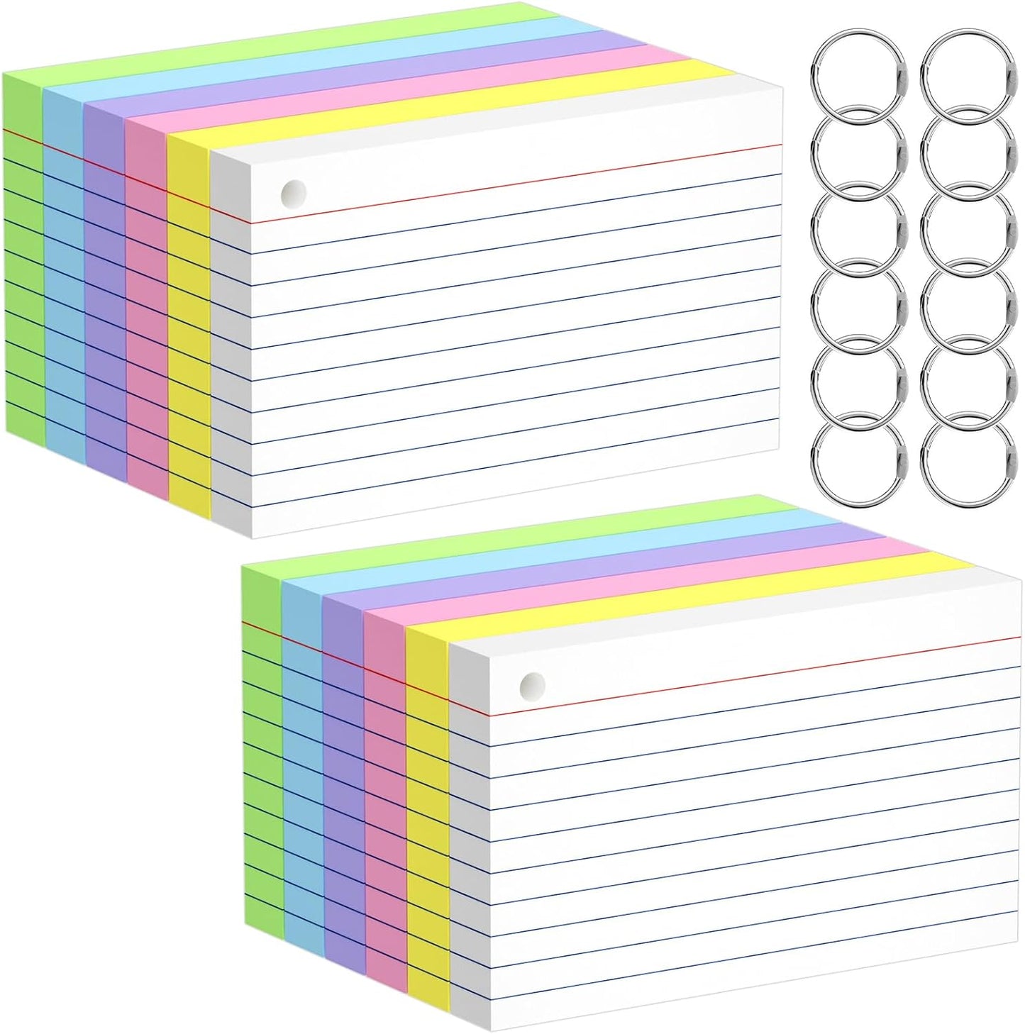 Index Cards 3x5 Inches, 300 PCS, Colored Flash Cards With Ring, Punched Lined Study Card Ruled Flashcards Notecards, Ruled Front And Blank Back, Note Card for School, College And Home