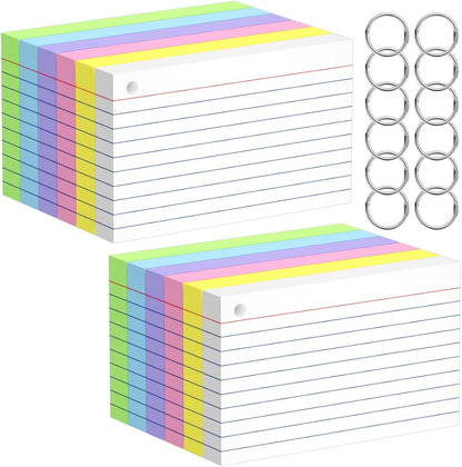 Index Cards 3x5 Inches, 300 PCS, Colored Flash Cards With Ring, Punched Lined Study Card Ruled Flashcards Notecards, Ruled Front And Blank Back, Note Card for School, College And Home