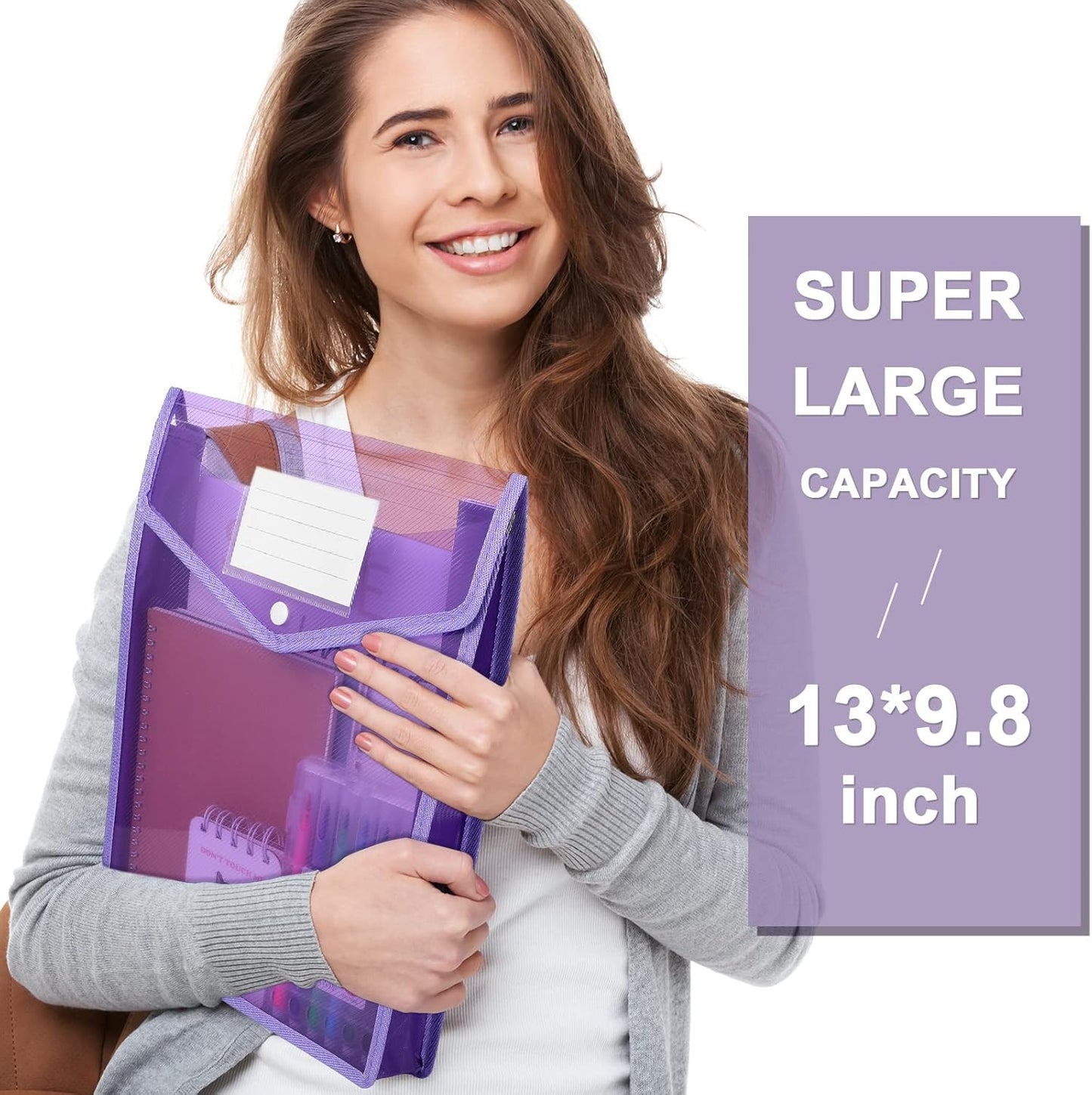 10 Pieces Plastic File Folders Envelope Expanding File Wallet Organizer Documents Folder with Snap Closure and Pocket, A4 Size Waterproof Transparent Pouch(White,Horizontal)