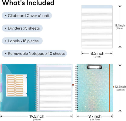 Glitter Clipboard Notebook with Storage for Letter Size, 8.5 x 11 Notepad Holder with 5 Folders and Dividers, Size 12.8X 9.7 in, Spiral Portfolio for Nursing Teacher School Supplies,.Teal