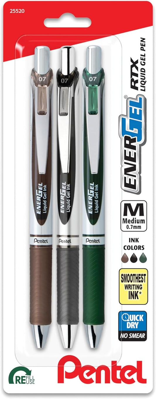 Pentel EnerGel RTX Retractable Liquid Gel Pen, 0.7mm, Chill Hue, Turquoise, Green, and Lime Green Ink, Pack of 3 Pens (BL77CHIBP3M)