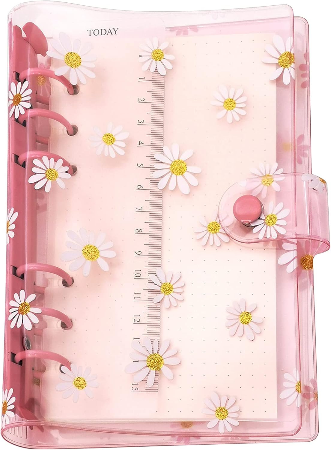 A6 A5 6-Holes Colorful PVC Cover Round Ring View Binder with Snap Button Closure File Folder for Loose Leaf Sheet Protectors Notebook Refill (Pink Daisy, A5 Mini Set) - Colors A