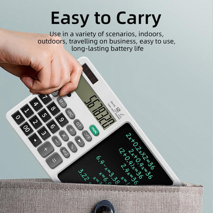 Desk Calculator with Erasable Writing Pad, 12-Digit Wide Screen Display, 100,000+ Reusable LCD Notepad, One-Click Clear & Lock Function, Solar and Battery Dual Power for Office,School,Business (Black)
