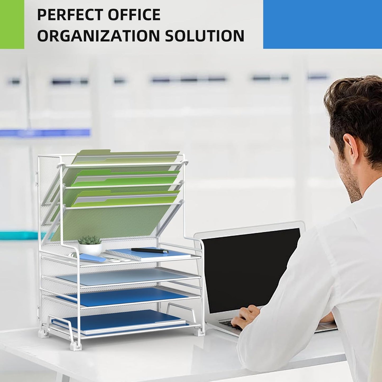 MINDEPOT 4-Tier Paper Organizer + 3-Pocket File Holder + Drawer + Pen Holders, Desktop File Organizers Paper Tray for Office Supplies School Classroom Organization (Black, No Drawer & Pen Holder)