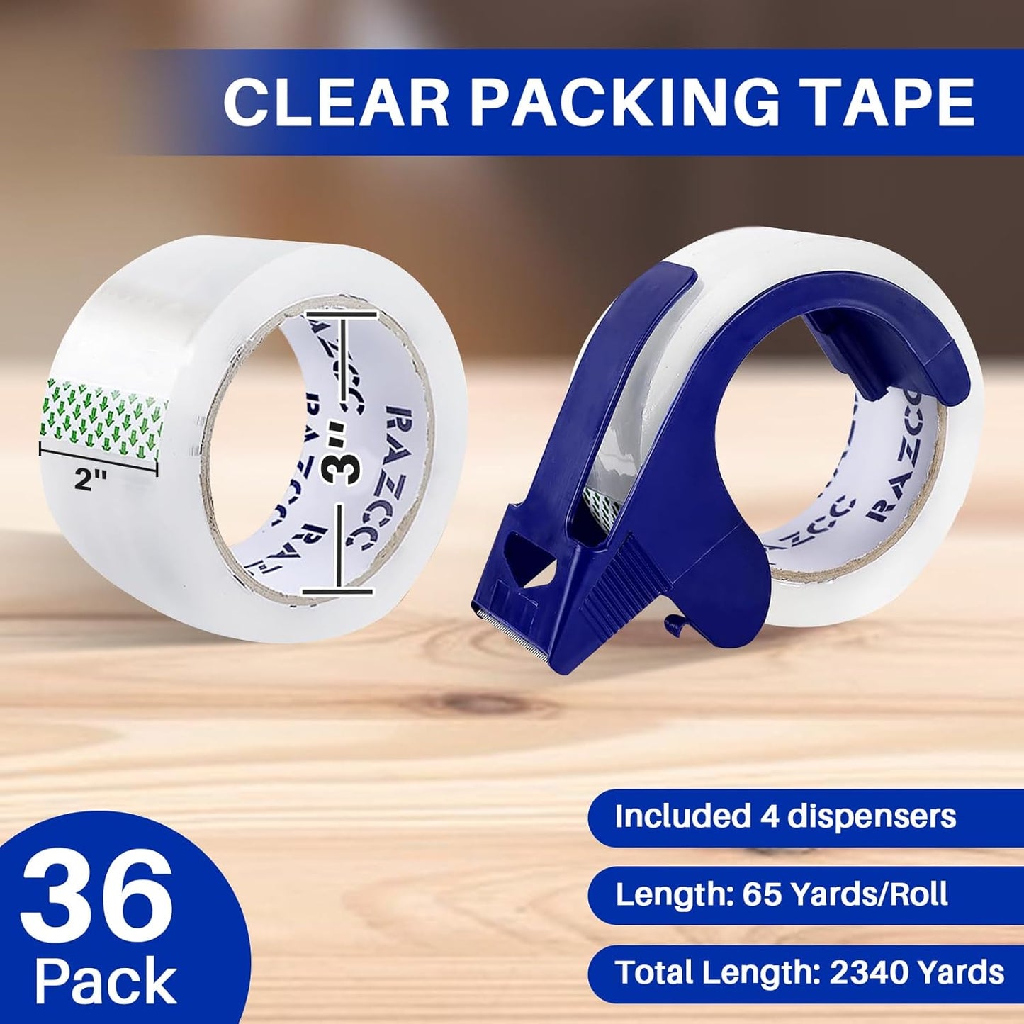 RAZCC Packing Tape, 36 Rolls Clear Heavy Duty Packaging Tape with Dispensers for Packing Shipping Moving Mailing, Thicker Sealing Tape - 1.88" x 65 Yard Per Roll, 2340 Total Yards