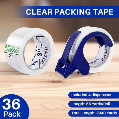 RAZCC Packing Tape, 36 Rolls Clear Heavy Duty Packaging Tape with Dispensers for Packing Shipping Moving Mailing, Thicker Sealing Tape - 1.88" x 65 Yard Per Roll, 2340 Total Yards