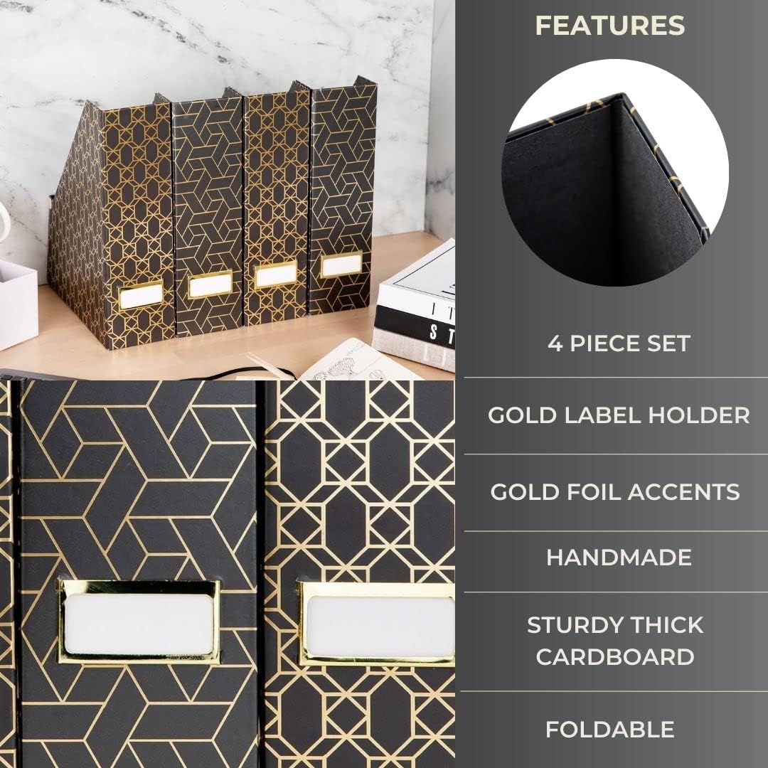 BLU MONACO | Cardboard Magazine File Holder Set of 4 | Vertical Magazine File Holder for Desk and Shelves | Standing File Holder for Classroom School Paper Storage