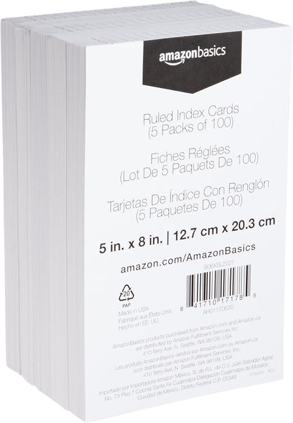 Amazon Basics Ruled Lined Index Cards for Study, Notes and Recipes, White, 3" x 5", 1,000 Count (10 Pack of 100)