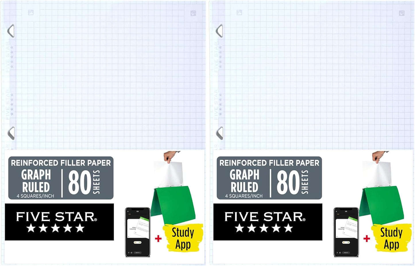 Five Star Loose Leaf Paper + Study App, Graph Ruled Filler Notebook Paper, Reinforced, Fights Ink Bleed, 8-1/2" x 11", 80 Sheets (170122)