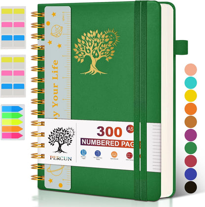 Spiral Notebook Journal for Women Men, 300 Numbered Lined Pages, College Ruled, A5 Hardcover Spiral Bound Notebook for School, Work, Note Taking Writing, Leather Spiral Journal Medium 5.9"x8.5"