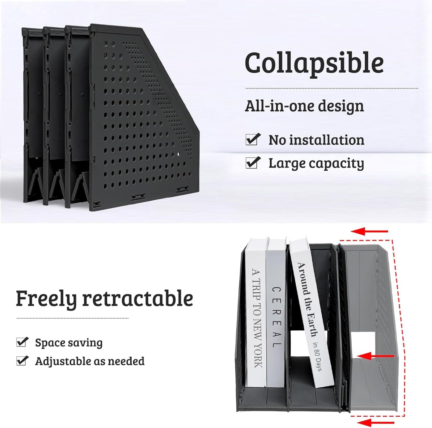 SAYEEC 1Pcs Collapsible Plastic Magazine File Holder Vertical Binder Storage Organizer for Desk Sturdy Upright Desktop Magazine Organizer Folder Rack for Office School Home (3 Compartments, Gray)
