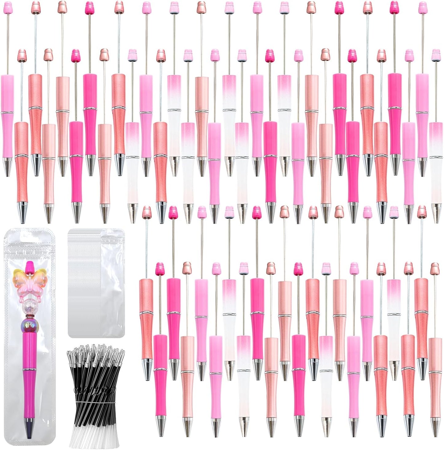 150 Pieces DIY Beadable Pen Kit – 50 Plastic Ballpoint Pens with Refills & Bags, Beads Not Included – School Supplies, Office Accessories & Craft Gifts for Students & Teachers (Multicolor)