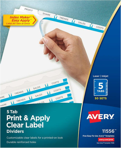Avery 5 Tab Dividers for 3 Ring Binder, Easy Print & Apply Clear Label Strip, Index Maker Customizable White Tabs, 25 Sets (11446)