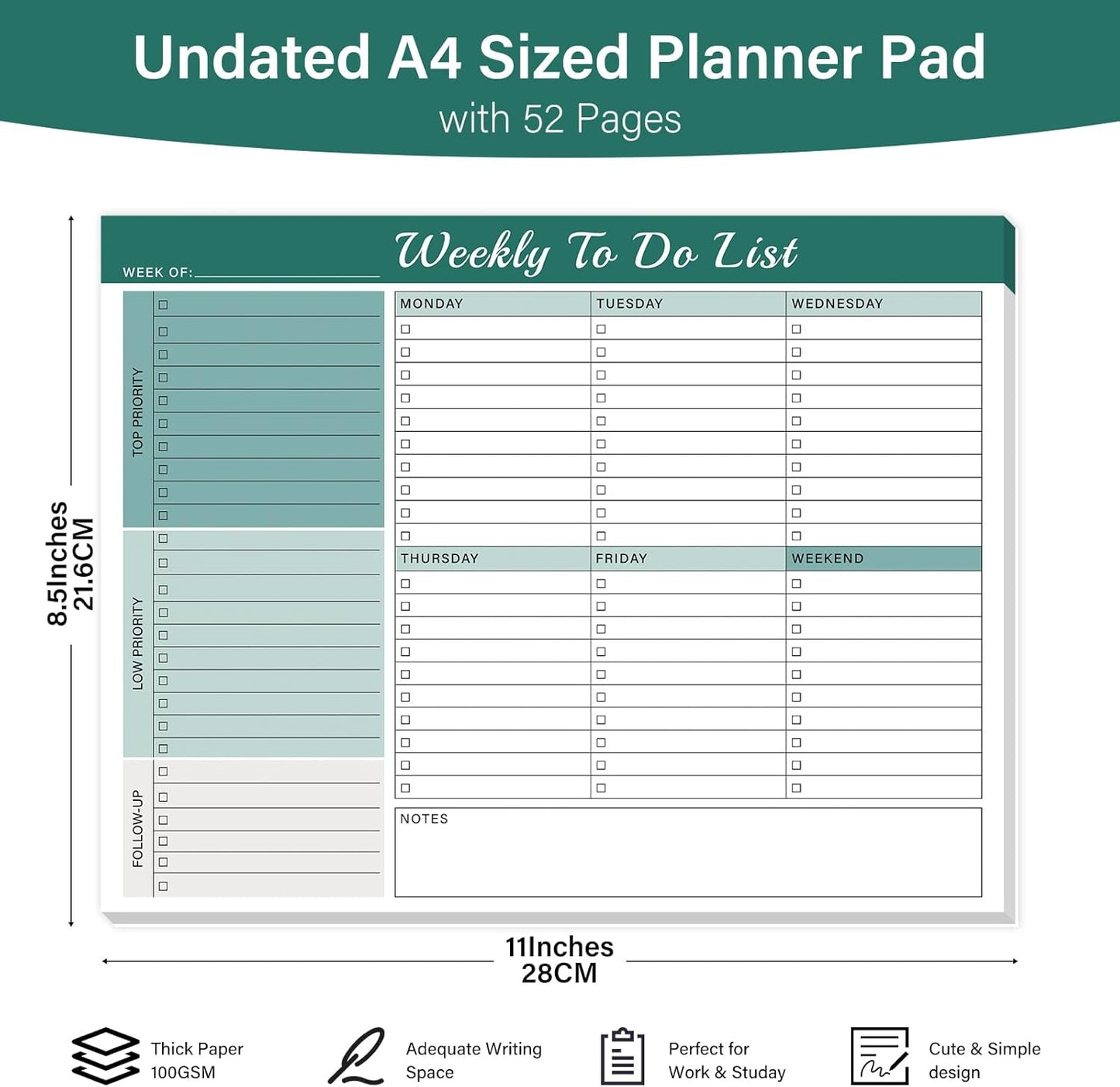 Weekly To Do List Notepad with 52 Undated Sheets（8.5"×11"）- Weekly Desk Planner Pad with Spiral Binding for Women & Man, Office, School and Home Personal Organizer