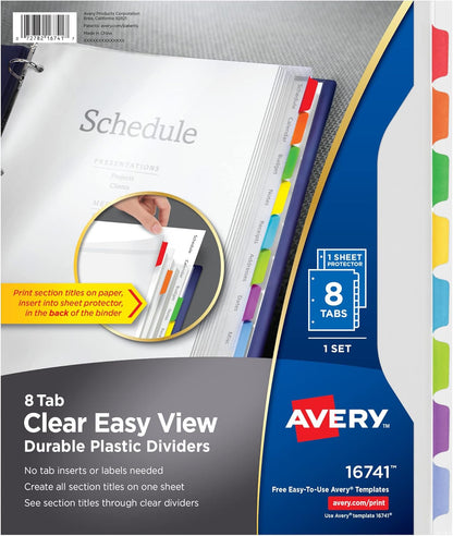 Avery Clear Easy View Durable Plastic Dividers for 3 Ring Binders, 8-Tab Set, Bright Multicolor, 1 Set (16741)