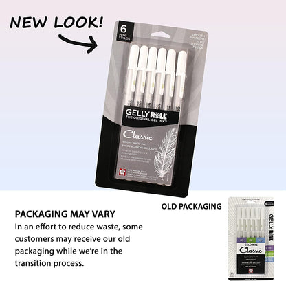 SAKURA Gelly Roll Classic Gel Pens, Opaque White Ink, Ass't Tips 05/08/10, 6 PK 57461