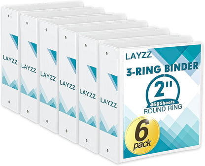 3 Ring Binder, LAYZZ 6 Pack 2 Inch Binders 3 Ring with 2 Pockets, Round Ring Binders, Clear Cover Binders for Letter Size 8.5"x11" Paper, PVC Free, Suitable for School Home and Office (White)