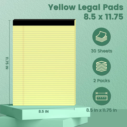 Yellow Legal Pads, 8.5 x 11 Note Pads, 2 Pack College Ruled Notepads 8.5 x 11 Lined Paper, Writing Note Pads 30 Sheets Per Legal Pad for Taking Notes, Reminders