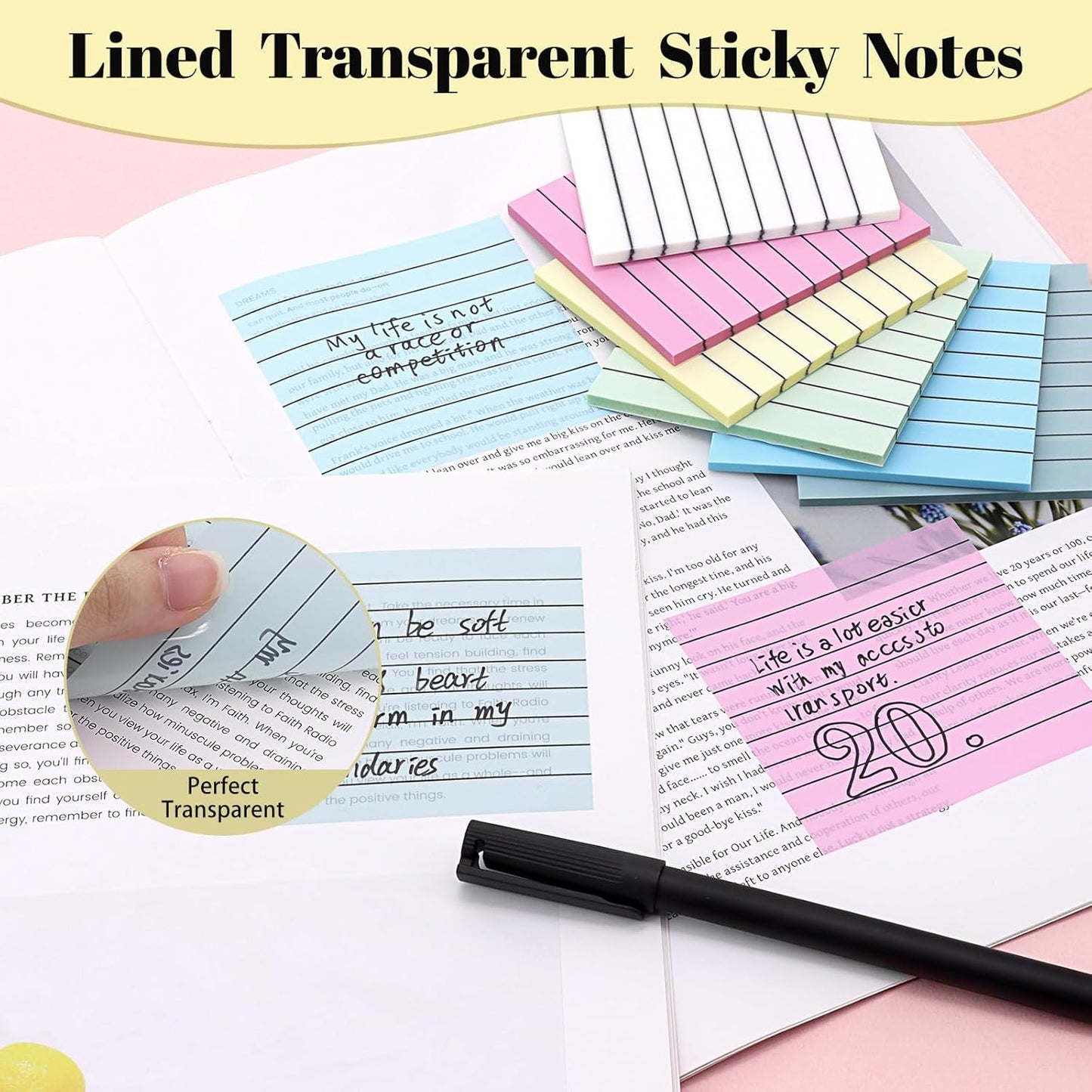 3x3 Inch Transparent Sticky Notes 300 Sheets, Clear Translucent Lined Self-Adhesive Memo Repositionable Reminder Pad for Office, College Students, Planners, Journals, School Supplies (Purple)