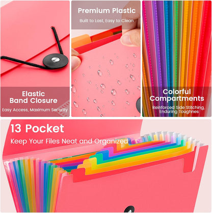 13 Pocket Accordion File Organizer with Elastic Closure, Expanding File Folder for Letter Size A4 Papers, Ideal for Home, Office Supplies, College Essentials - Purple