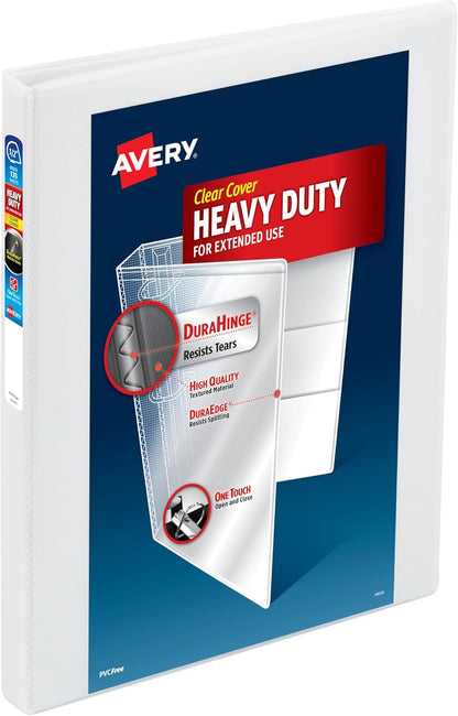 Avery Heavy-Duty View 3 Ring Binder, 2 Inch One Touch Slant Rings, 530-Sheet Capacity, DuraHinge, 2.8 Inch Wide Spine, Customizable Clear Cover and Spine, 1 White Binder (79792)