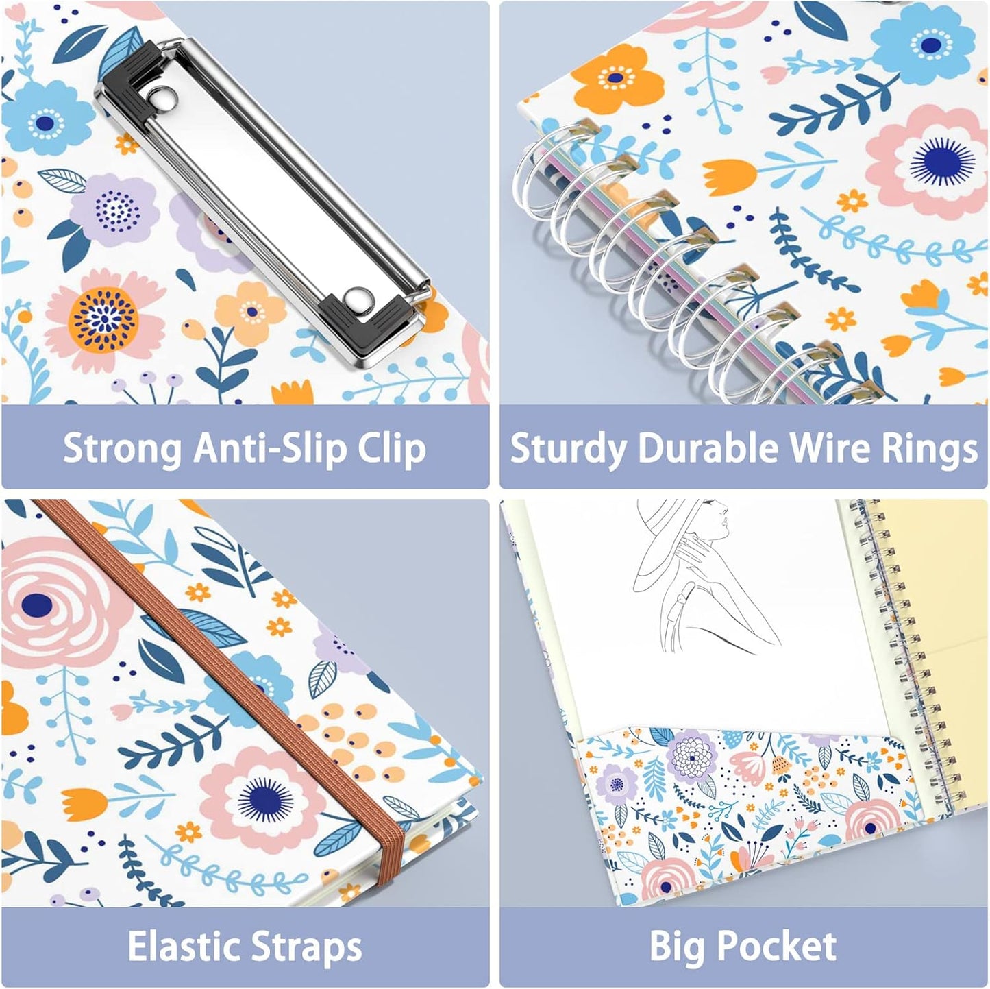Rimilak Spiral Clipboards Folio with Refillable Lined Notepad, 14.5 x 9.8 In, Hardcover Cover with 5 Interior Pockets, Elastic Band and Pen Loop Series. Cute Stylish Clipfolio, Daisy Flower