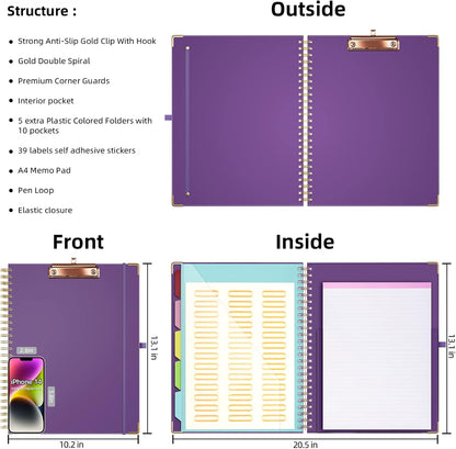 Ospelelf Clipboard with Storage 8.5 X 11，Padfolio Organizer, Spiral Portfolio Letter Size with Notepad, Pen Holder, 5 Extra Folder Divider Pages, Elastic Closure Nurse Office Essentials (Polka Dots)
