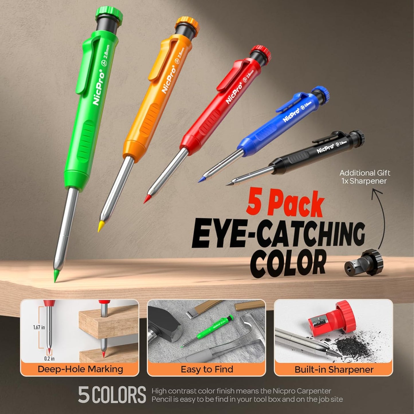 Nicpro 2 Pack CP1000 Carpenter Pencil with Sharpener, Mechanical Carpenter Pencils with 26 Refills, Deep Hole Long Nib Marker Pens for Construction, Heavy Duty Woodworking Pencil for Architect Marking