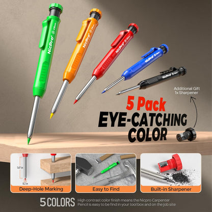 Nicpro 2 Pack CP1000 Carpenter Pencil with Sharpener, Mechanical Carpenter Pencils with 26 Refills, Deep Hole Long Nib Marker Pens for Construction, Heavy Duty Woodworking Pencil for Architect Marking