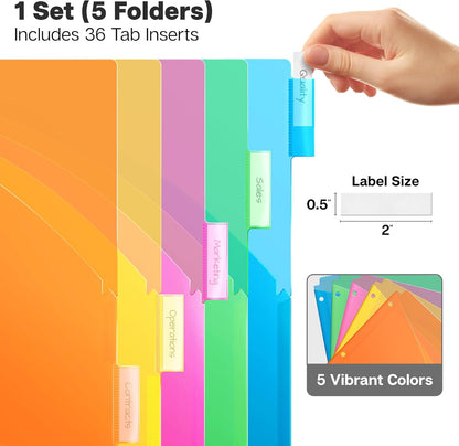 Dunwell 5-Tab Dividers with Pocket for 3-Ring Binders (3 Sets, 15 Count), Plastic One Pocket Dividers with Tabs, Slash File Jackets 3 Hole Punched for 8.5x11 Paper, Poly Pocket Notebook Dividers