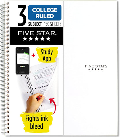 Five Star Spiral Notebook + Study App, 3 Subject, College Ruled Paper, 8-1/2" x 11", 150 Sheets, Fights Ink Bleed, Water Resistant Cover, Amethyst Purple (38746)