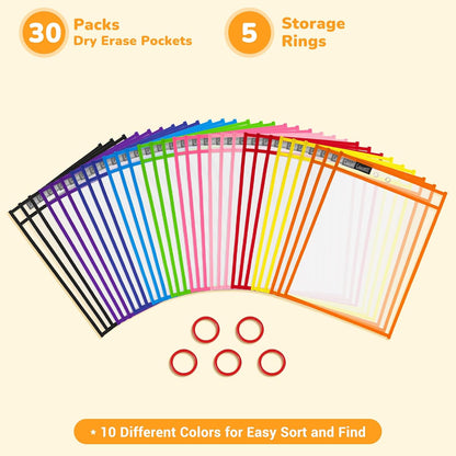 Gamenote Dry Erase Pockets 30 Pack with Rings, Oversized Reusable Plastic Sleeves Shop Job Ticket Holders Sheet Protectors Teacher Supplies Organization for Classroom Must Have, 10x14 Inches (Black)