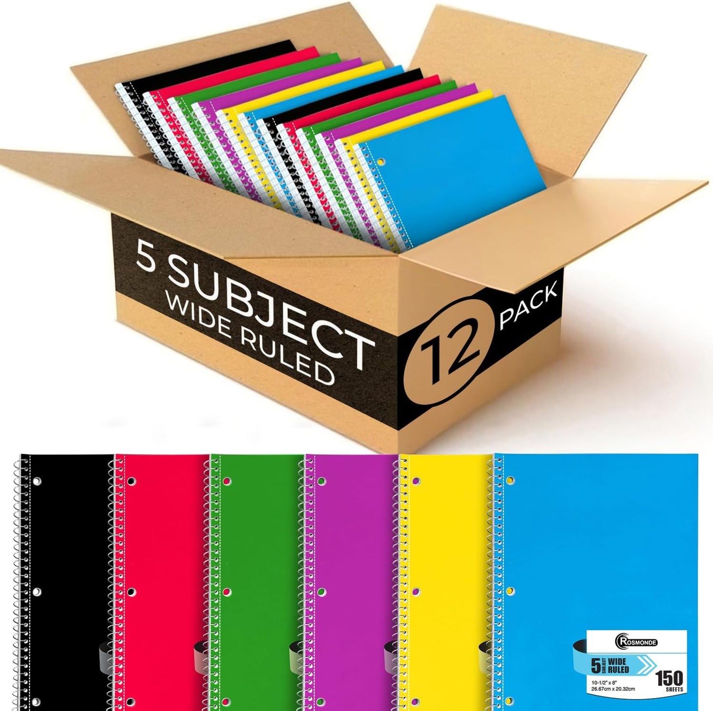 Rosmonde 5 Subject Notebook Wide Ruled, 6 Pack, 300 Pages (150 Sheets), 8 x 10-1/2", 5 Subject Spiral Notebook with Dividers, Thick Paper Fights Ink Bleed, 3 Hole Punched, Spiral Notebooks for School