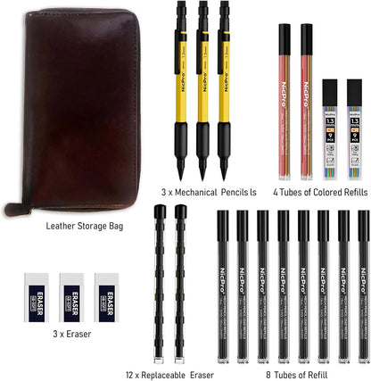 Nicpro 21PCS 1.3 mm Mechanical Pencil Set in Leather Bag with 138 Lead Refill Black & Colors, Erasers- Weatherproof Metal Heavy Duty Carpenter Pencil for Outdoor Drafting Marking Drawing Woodworking