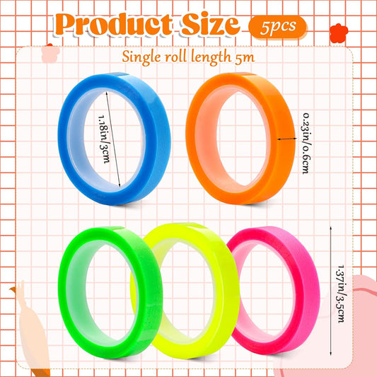 5 Rolls Highlighter Tape Colored Transparent Marking Sticker Removable Fluorescent Neon Tape Annotation Supplies for Teachers Students Reading Home Office (0.23inch X 16ft)