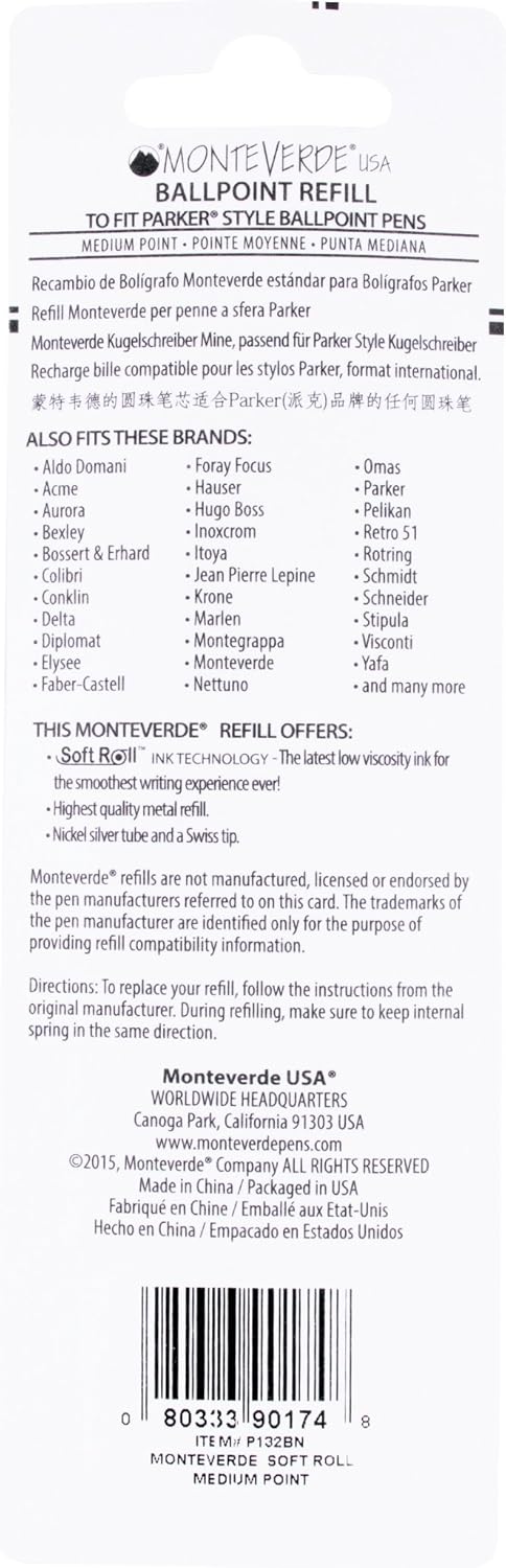 Monteverde Soft Roll Ballpoint Pen Refills to Fit Parker-Style Pens, Medium Point, Brown, 2-Pack, Smooth Writing Technology for Parker, Conklin, Schmidt, and More