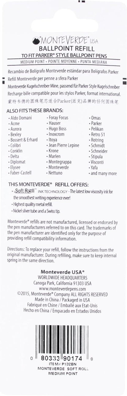 Monteverde Soft Roll Ballpoint Pen Refills to Fit Parker-Style Pens, Medium Point, Brown, 2-Pack, Smooth Writing Technology for Parker, Conklin, Schmidt, and More
