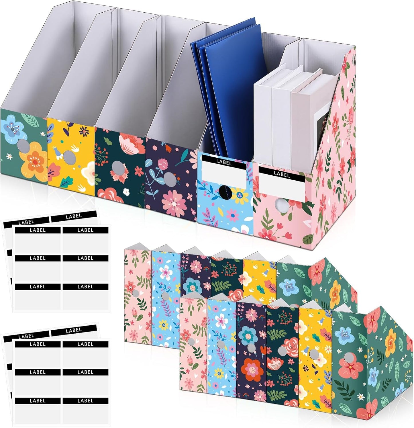 PerKoop 6 Pcs Decorative Magazine File Holders Floral Foldable File Folders Magazine Storage Boxes Rack Desk Organizer Documents with Printable Labels for School Office Home (Floral)