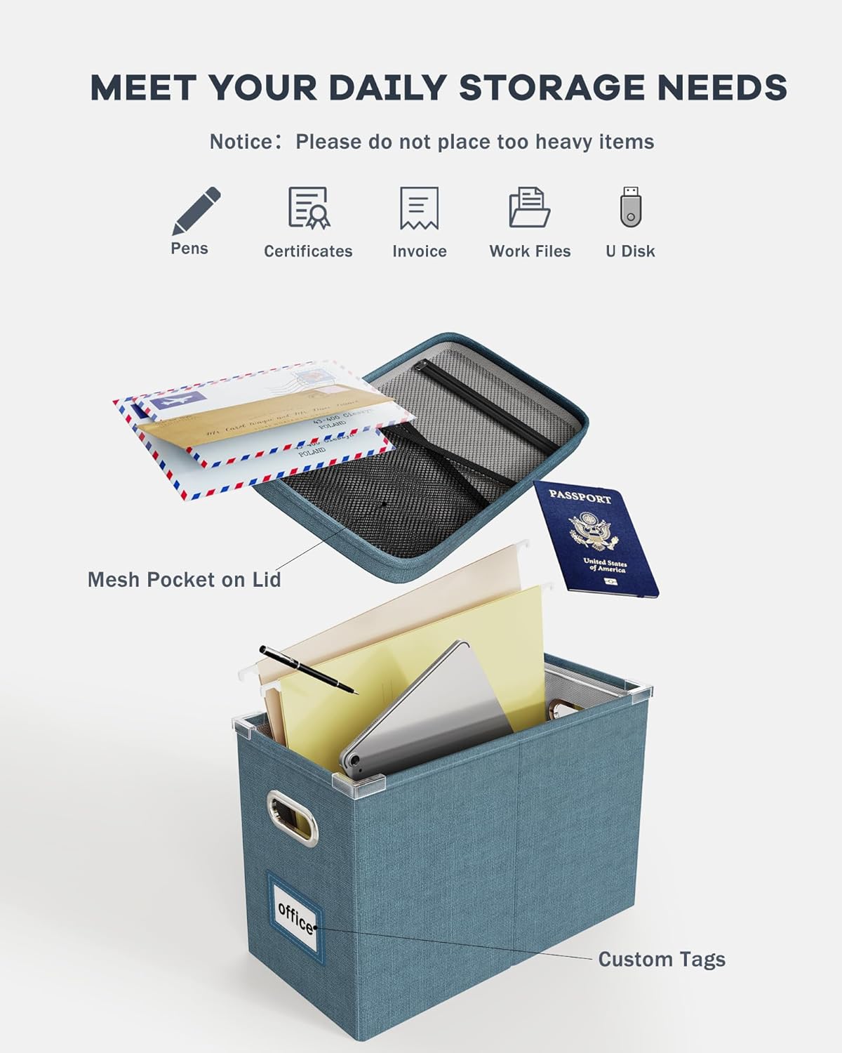 Oterri File Organizer Box with Lid, Hanging Filing File Box with Mesh Pocket, Document Organizer Box for Letter Files, Portable Storage Box with Smooth Sliding Rail for Office&Home (1 PCS, Beige)