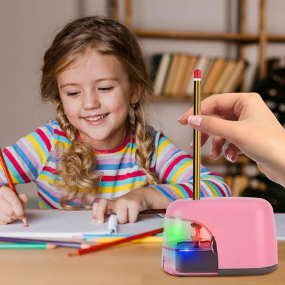 Battery-Operated Electric Pencil Sharpener with LED Light – Compact & Portable Pencil Sharpener for Home, School, or Office Use (Pink)