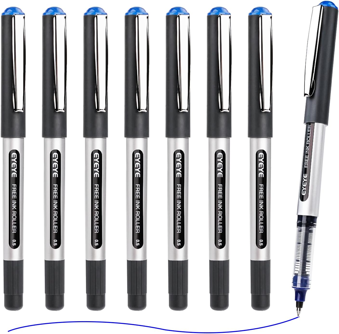 EYEYE 25 Pack 0.5mm Blue Rollerball Pens Extra Fine Point Quick Dry, Liquid Ink Pens Fine Point Smooth Writing Pen for Journaling, Note Taking, Office, School Supplies