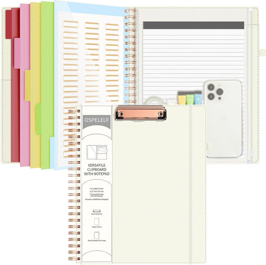 Ospelelf Leather Clipboard Folio with Notepad for Letter Size, Spiral Clipboard Folder with Storage Zipper Pouch, 5 Folders with 10 Pockets, 39 Divider Label Stickers, Pen Loop Series (Green)