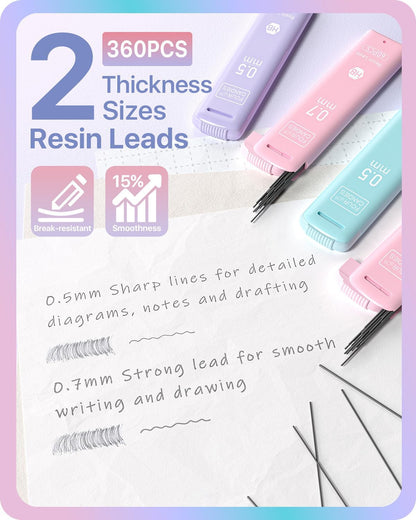 Four Candies Cute Mechanical Pencils 0.7mm, Pencil Set with 360PCS Lead Refills & Pastel Erasers, School Supplies with Case