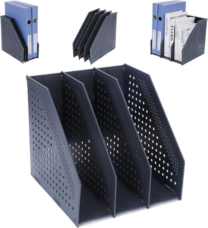 FRETONBA Collapsible Magazine File Holder with 2 Vertical Compartments Foldable Binder Holder for Desk Binder Storage Organizer Plastic Magazine Holders for Shelf, Light Gray