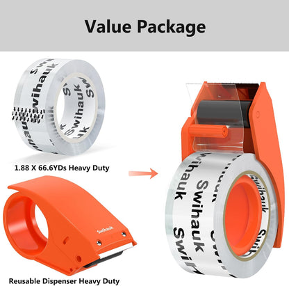 Swihauk 1.88 in x 66.6 YDs Heavy Duty Packing Tape with Dispenser, Strong & Durable Shipping Tape, Packaging Tape, Clear Package Tape for Shipping Moving Storage and Mailing, 1 Roll + 1 Dispenser